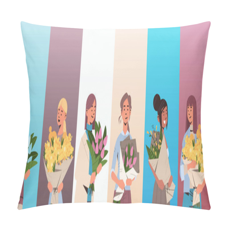 Personality  Mix Race Girls Holding Bouquets Of Flowers 8 March Happy Womens Day Celebration Concept Portrait Pillow Covers