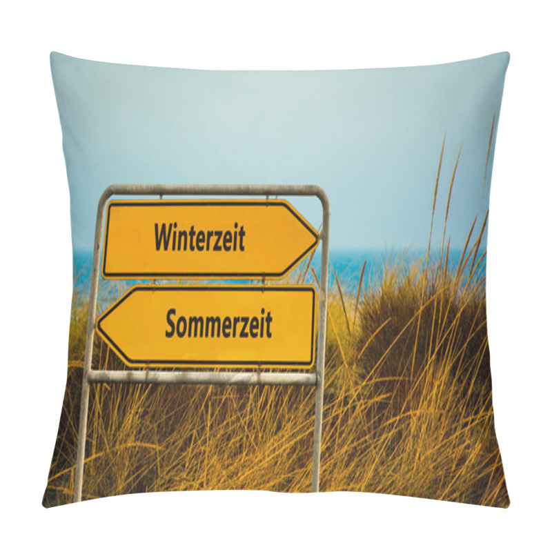 Personality  An Image With A Signpost In German Pointing Towards Winter Time. Pillow Covers