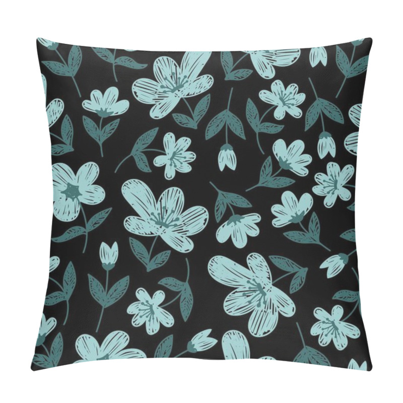 Personality  Seamless Pattern With Mint Painted Flowers On A Black Background In A Vector Pillow Covers