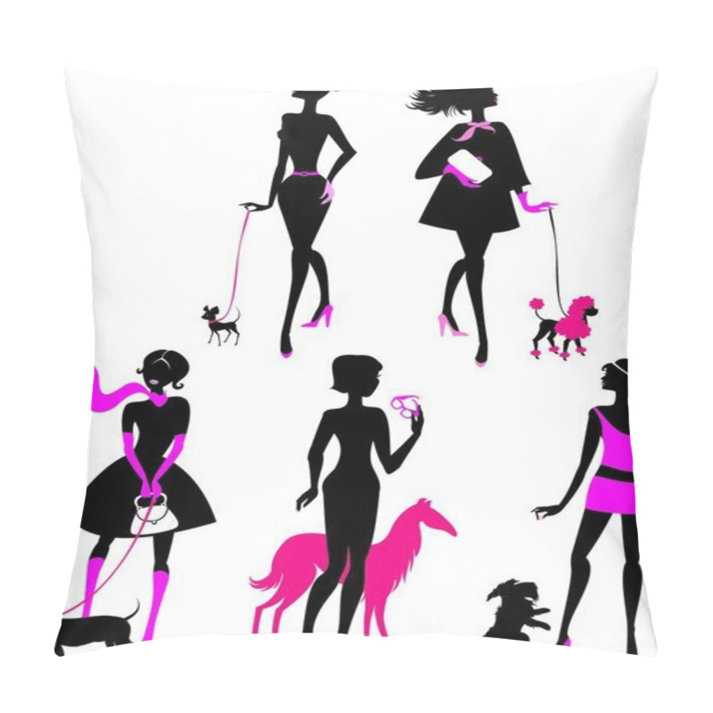 Personality  Set Of Black Silhouettes Of Fashionable Girls With Their Pets - Dogs (dachshund, Terrier, Poodle, Chihuahua) On A White Background Pillow Covers