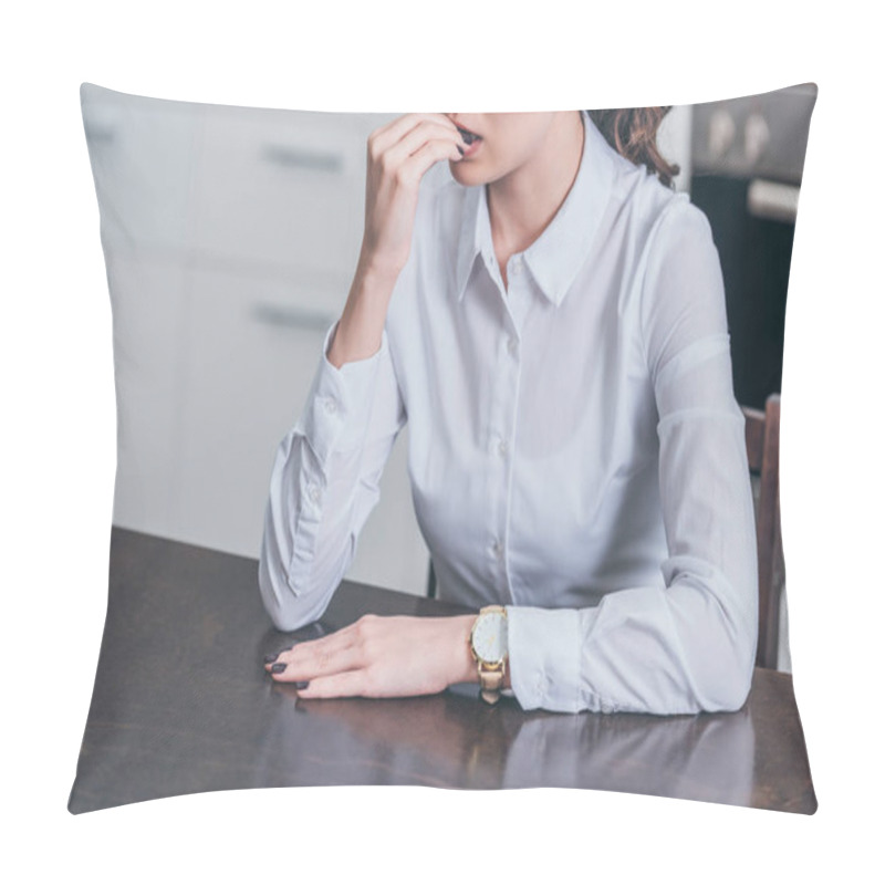 Personality  Cropped View Of Sad Woman In White Blouse Sitting By Table In Kitchen, Grieving Disorder Concept Pillow Covers