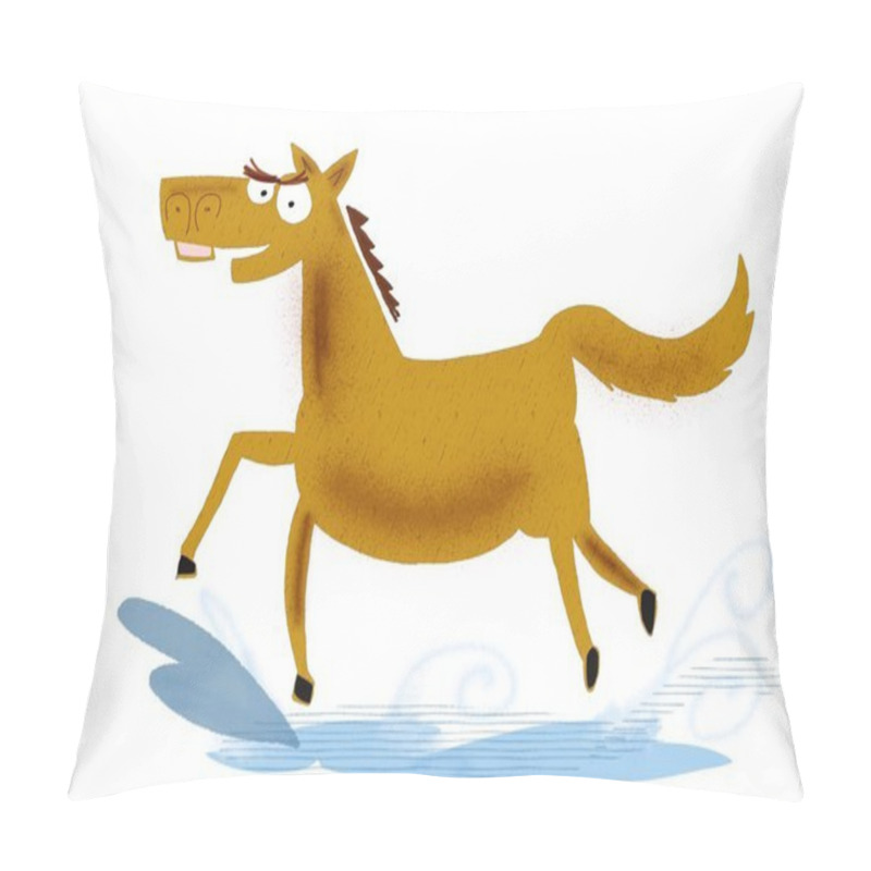 Personality  Cartoon Of Large Brown Horse Powerfully Splashing Through Water.  Pillow Covers