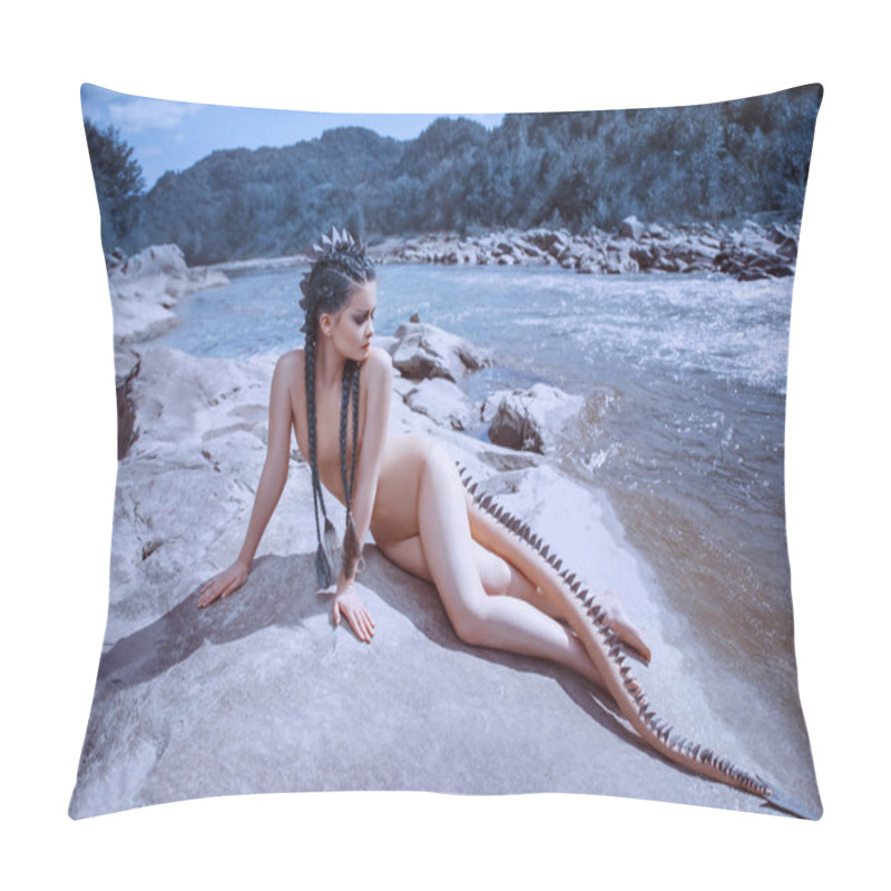 Personality  Sexy River Dragon Girl. The Unusual Image Of A Mermaid With A Lizard Tail That Covers Scales And Spikes. Fabulous Costume Body Color. Hair With Braids. Background Mountain River, Stones, Forest. Pillow Covers