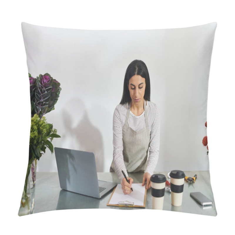 Personality  A Focused Florist Writes Notes While Surrounded By Fresh Flowers And Coffee Cups. Pillow Covers