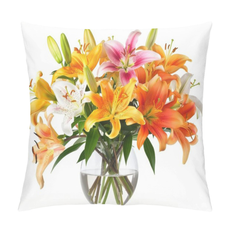 Personality  A Vibrant Bouquet Of Assorted Lilies In A Clear Vase, Showcasing Their Colorful Blooms And Lush Green Leaves. Pillow Covers