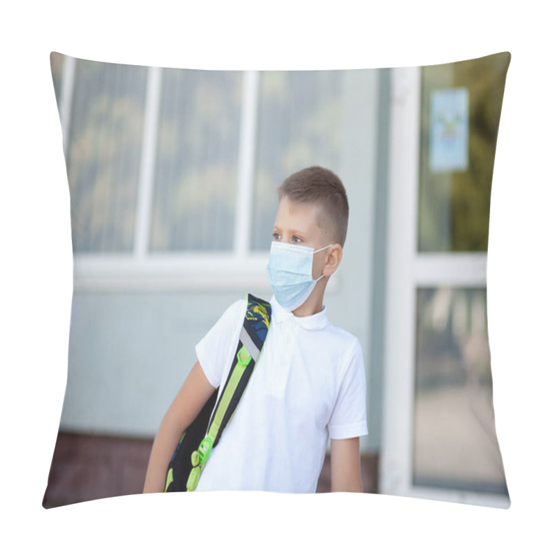 Personality  Back To School. Boy Wearing Mask And Backpacks Protect And Safety From Coronavirus. Child Going School After Pandemic Over. Standing Near School. Students Ready For The New School Year After Quarantin Pillow Covers