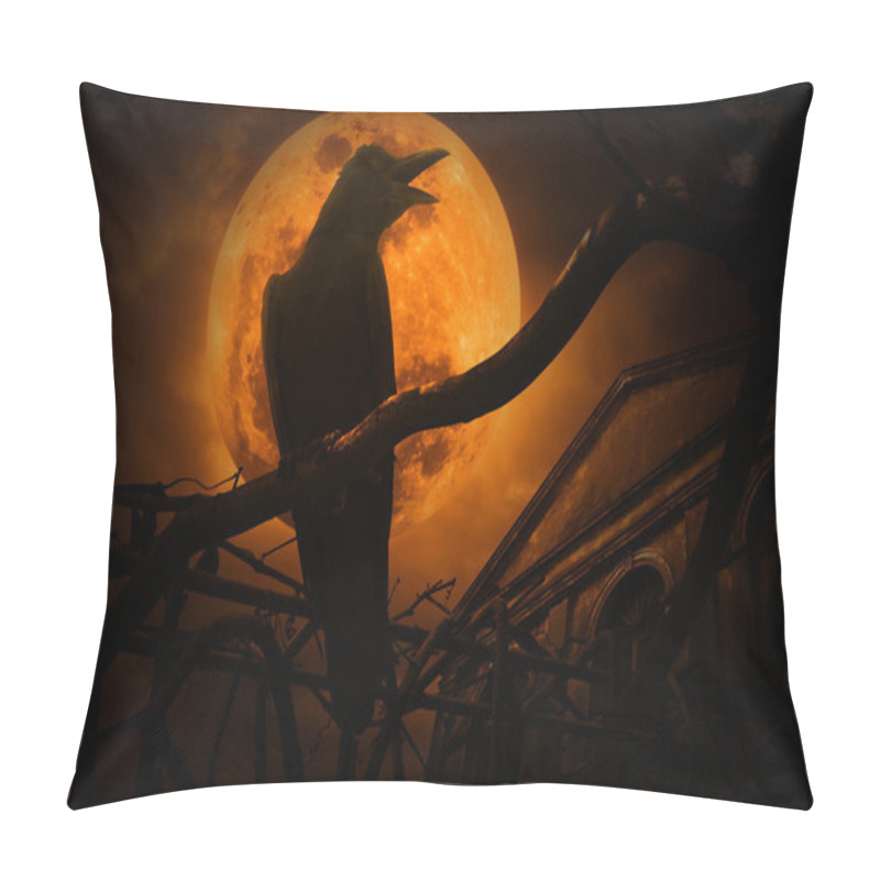 Personality  Crow Sit On Dead Tree Trunk And Croak Over Fence And Moon Pillow Covers