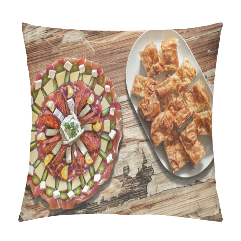 Personality  Plateful Of Savory Appetizer Meze With Cheese Pie Gibanica Slices On Oblong Platter Placed On Old Wooden Backdrop Pillow Covers