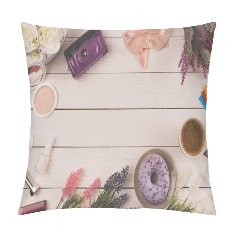 Personality  Top View Of Flowers, Camera, Cosmetics, Cup Of Coffee And Doughnut On Wooden Table Top Pillow Covers