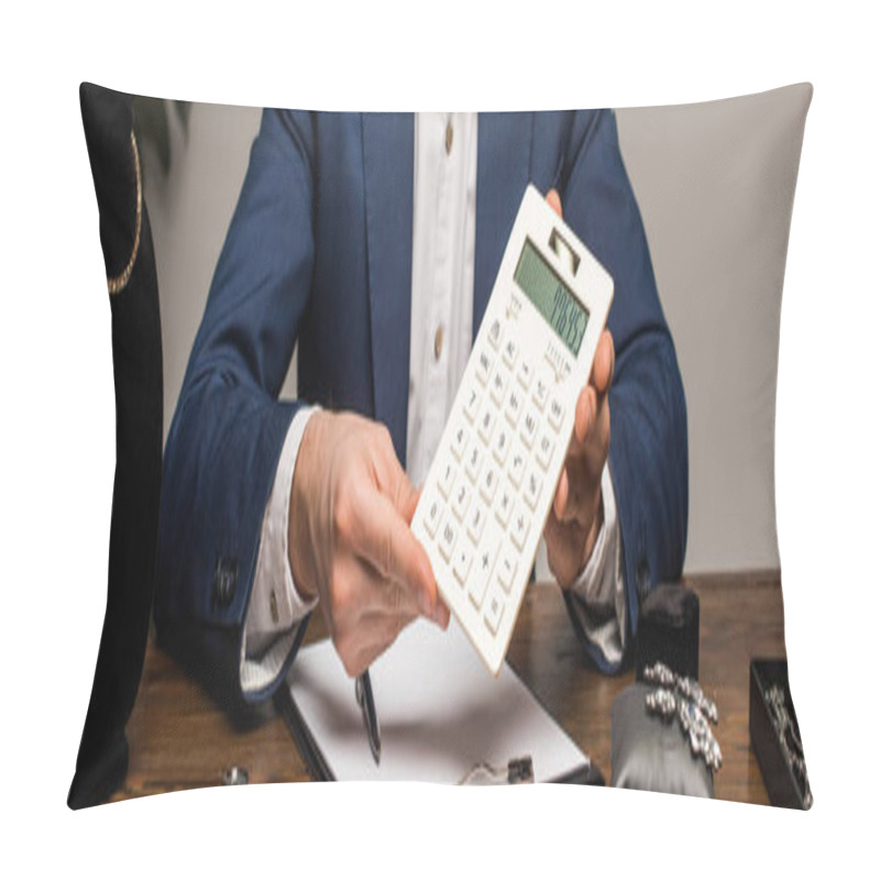 Personality  Cropped View Of Jewelry Appraiser Showing Calculator Near Clipboard And Jewelry On Table, Panoramic Shot Pillow Covers