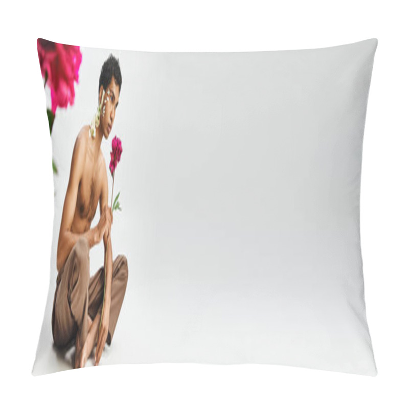 Personality  A Young, Muscular African American Man Adorned With Flowers Poses Against A Grey Backdrop, Showcasing Beauty And Diversity. Pillow Covers