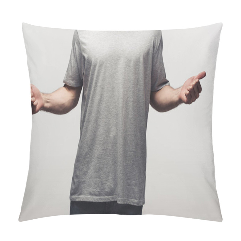 Personality  Partial View Of Man In Grey Shirt Showing Thumbs Up Isolated On Grey, Human Emotion And Expression Concept Pillow Covers