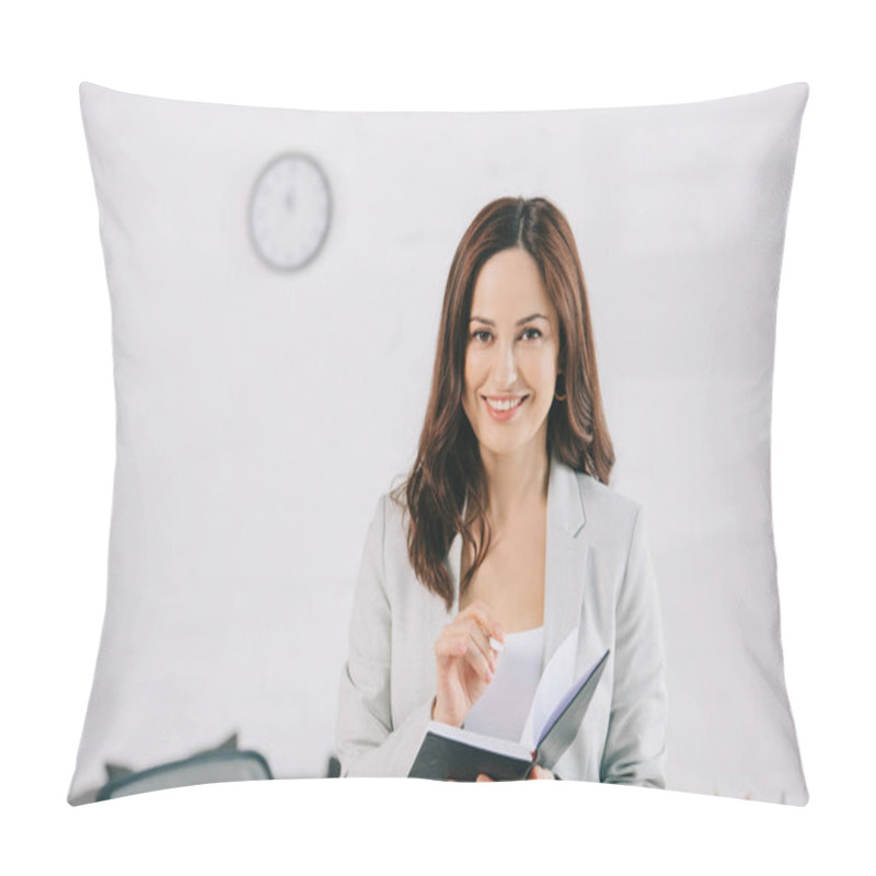 Personality  Beautiful, Smiling Secretary Looking At Camera While Writing In Notebook Pillow Covers