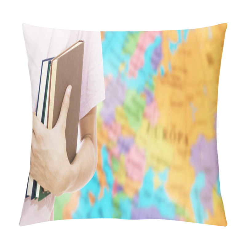 Personality  Student Hand With Books And Map, Learn Languages Pillow Covers