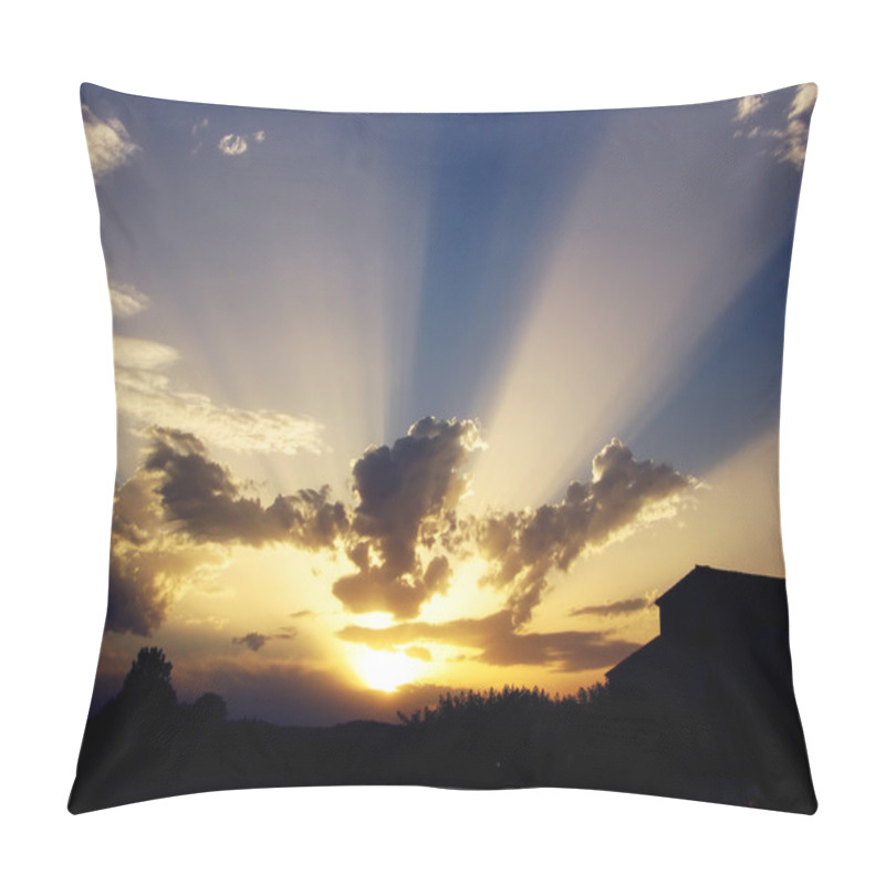 Personality  Beautiful Sunset At The Country, With A Rural Home Silhouette And Sun Rays Pillow Covers