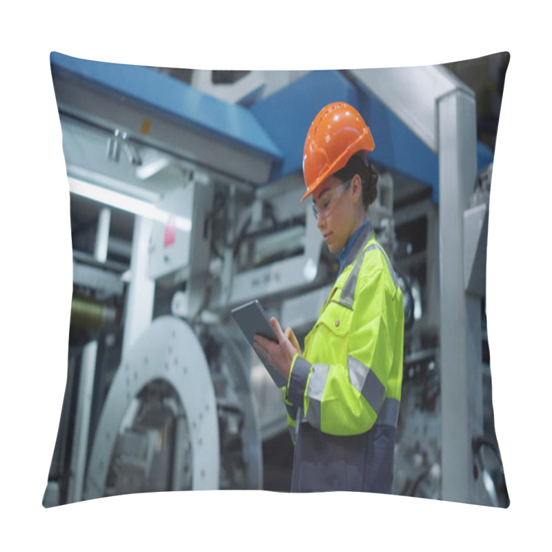 Personality  Engineer Looking Tablet Computer In Energy Company. Modern Factory Concept. Pillow Covers