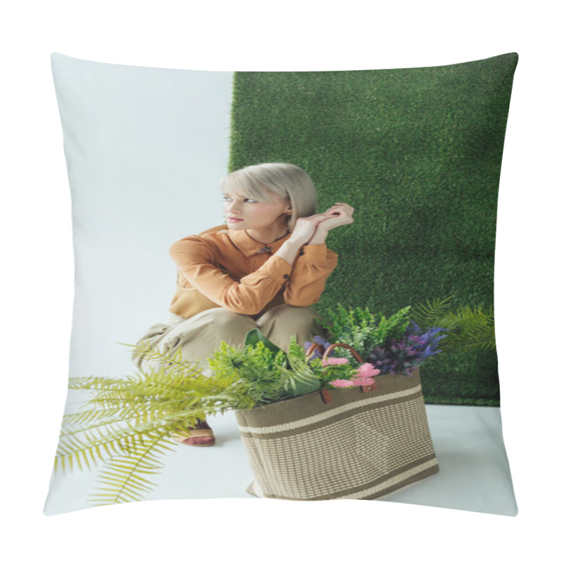 Personality  Beautiful Stylish Girl Posing Near Bag With Fern And Flowers On White With Green Grass  Pillow Covers