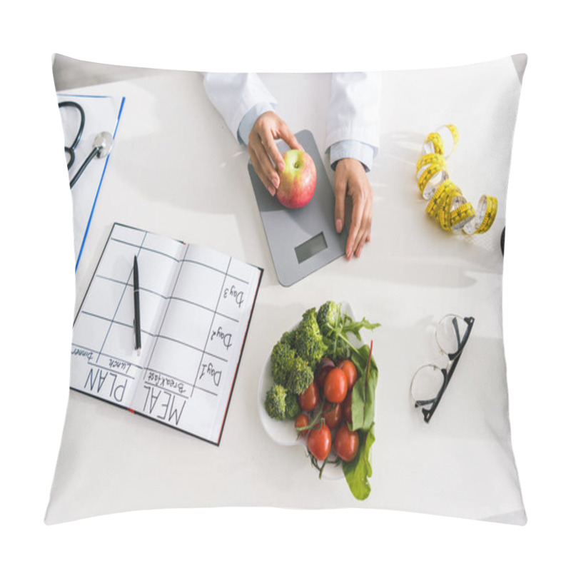 Personality  Top View Of Nutritionist Holding Apple On Food Scales Near Vegetables  Pillow Covers