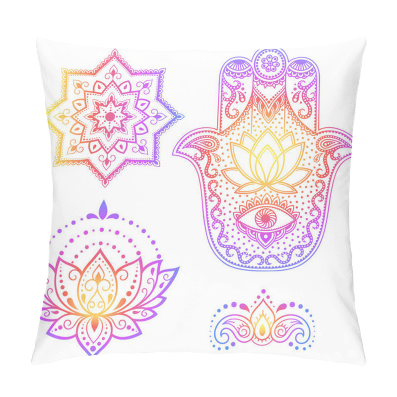 Personality  Set Of Hamsa Hand Drawn Symbol, Lotus Flower. Decorative Pattern In Oriental Style For Interior Decoration And Henna Drawings. The Ancient Sign Of 