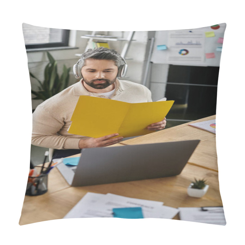 Personality  A Handsome Businessman With A Beard Sits At His Desk, Reviewing Documents In A Modern Office. Pillow Covers