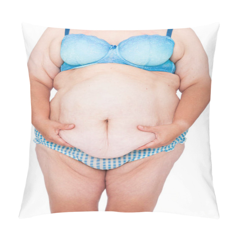 Personality  Middle Aged Woman With Sagging Skin After Babies And Extreme Weight Loss. Inspiration For Poster And Meme, Before Brachioplasty, Panniculectomy, Abdominoplasty And Mummy Makeover In Australia. Front View Holding Excess Belly Skin. Pillow Covers