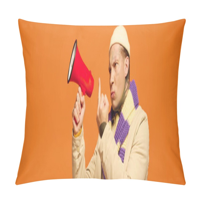 Personality  Expressive Young Man With Tattoos Passionately Gestures While Holding A Megaphone, Radiating Energy. Pillow Covers