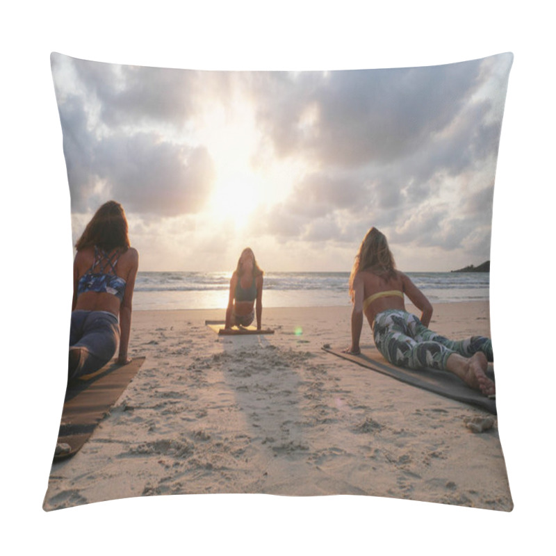 Personality  Group Of Female Practicing Yoga Together At Seashore At Sunset. Pillow Covers