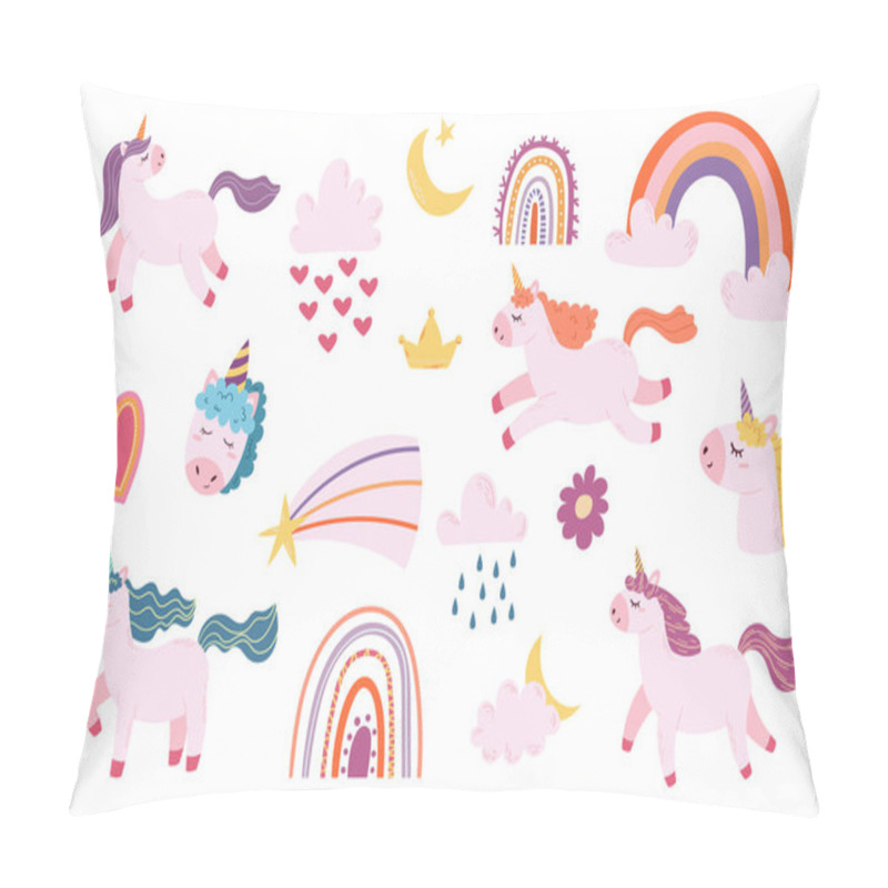 Personality  Set Magic Unicorns, Rainbows, Heart, Star, Crescent, Clouds, Comet, Flower And Crown. Cute Cartoon Pony Or Horse With Horn And Colorful Mane Elements For Girls, Cartoon Fantasy Character, Vector Icons Pillow Covers