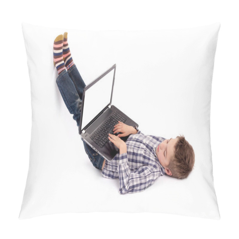 Personality  Young Nerd Boy Lying On Floor Using A Laptop With Empty White Sc Pillow Covers