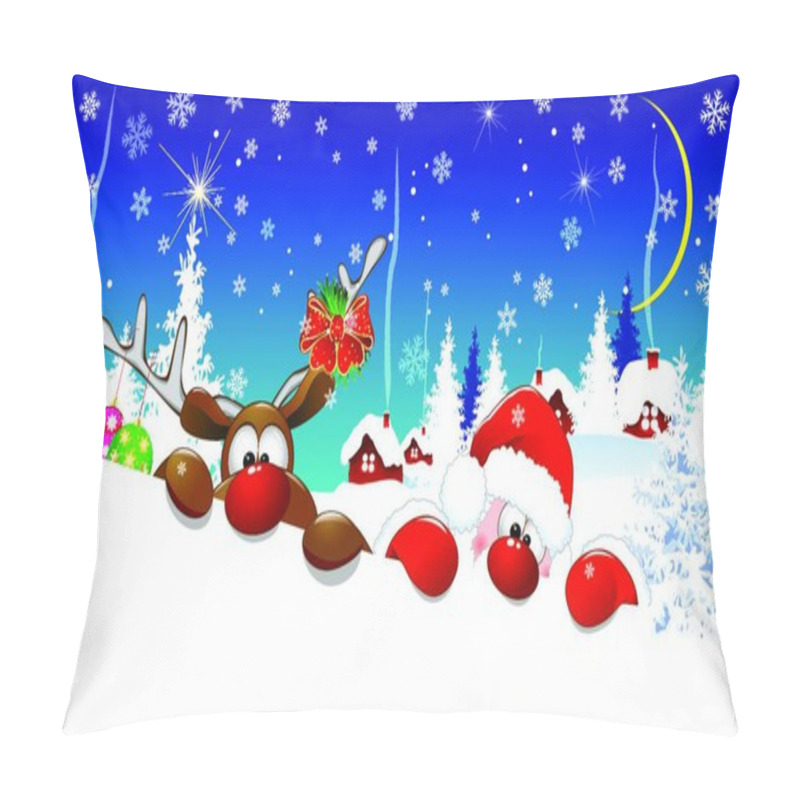 Personality  Santa And A Deer In The Background Of A Snow-covered Village. Santa And A Deer With Red Noses On A Winter Night Against The Backdrop Of The Village, The Trees And Snow.  Pillow Covers