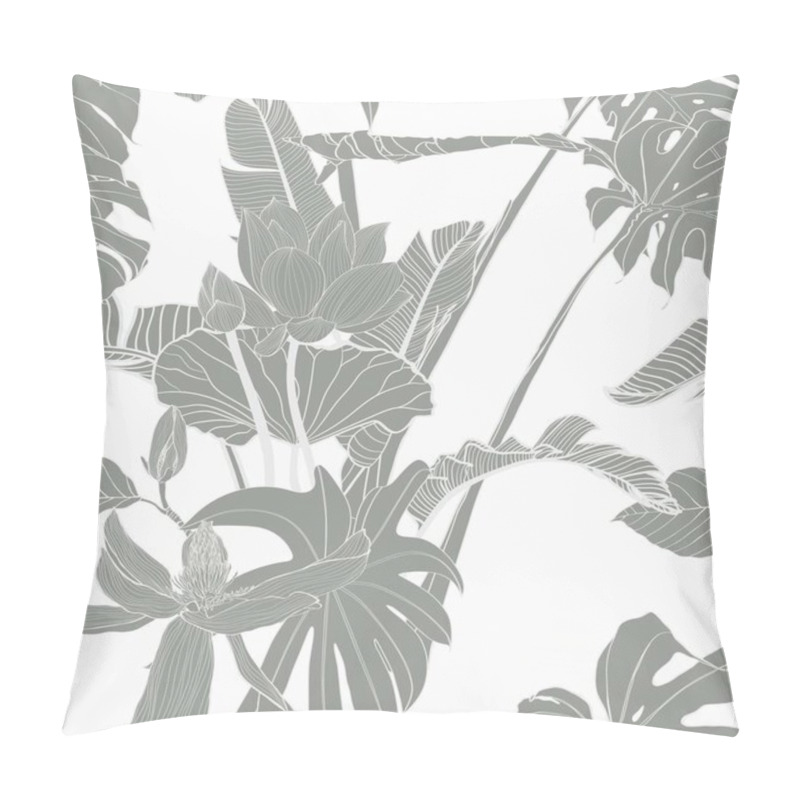 Personality  Tropical Exotic Floral Line Palm Leaves And Flowers Seamless Pattern, Line Background. Exotic Jungle Wallpaper. Pillow Covers