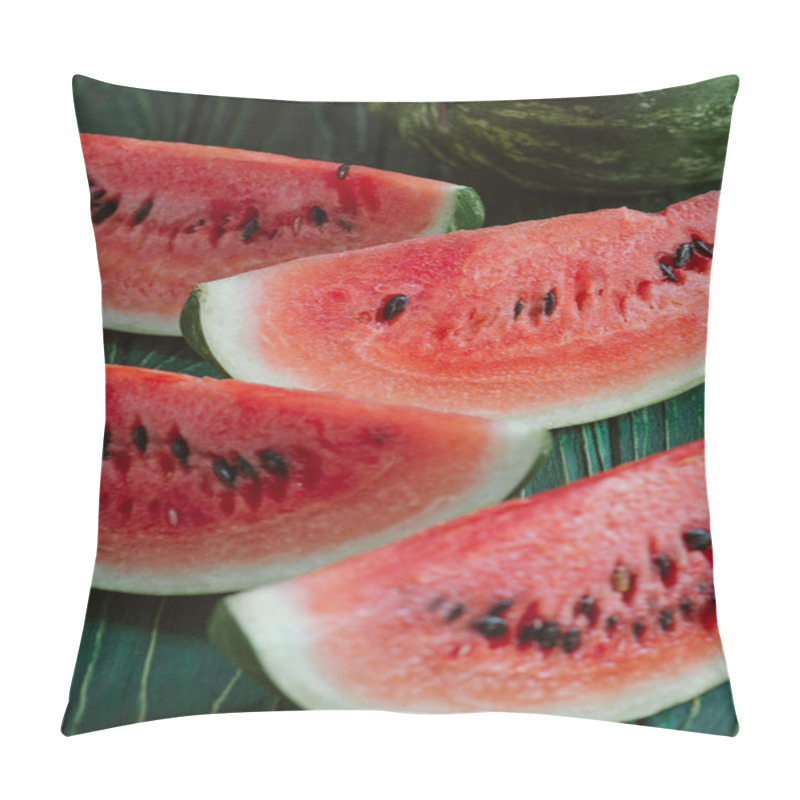 Personality  Close Up View Of Watermelon Slices On Green Wooden Surface Pillow Covers