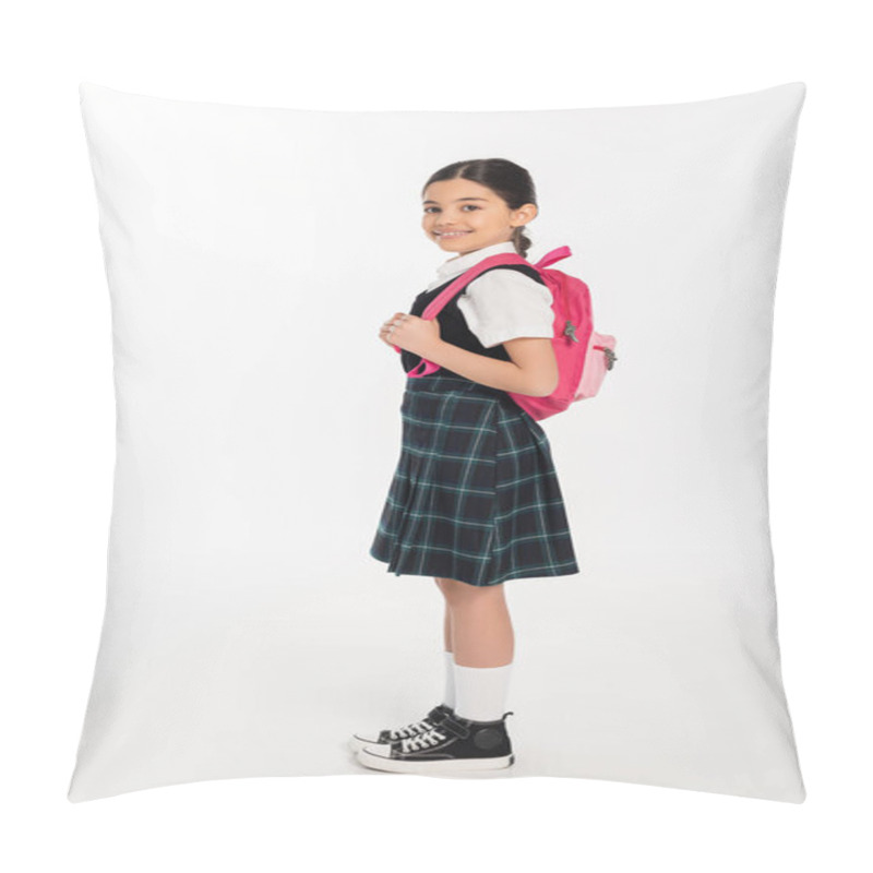 Personality  Full Length, Happy Schoolgirl Standing In Uniform With Backpack On White, Ready For New School Year Pillow Covers