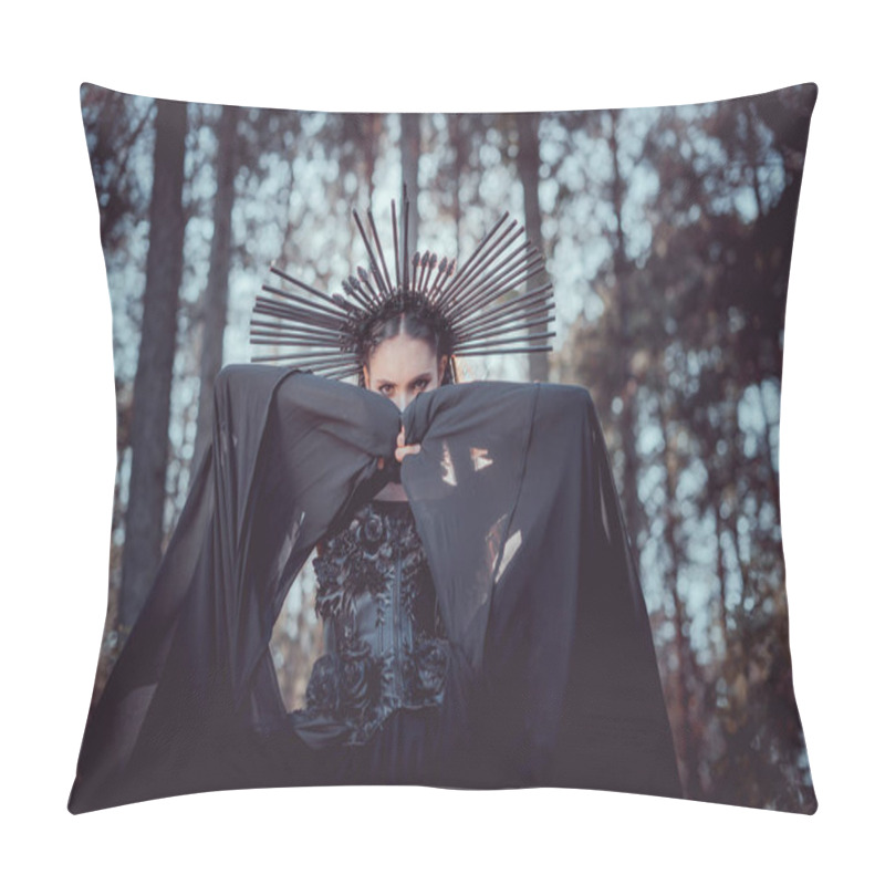 Personality  Low Angle View Of Woman In Witch Costume With Crown On Head Covering Face Black Textile Pillow Covers