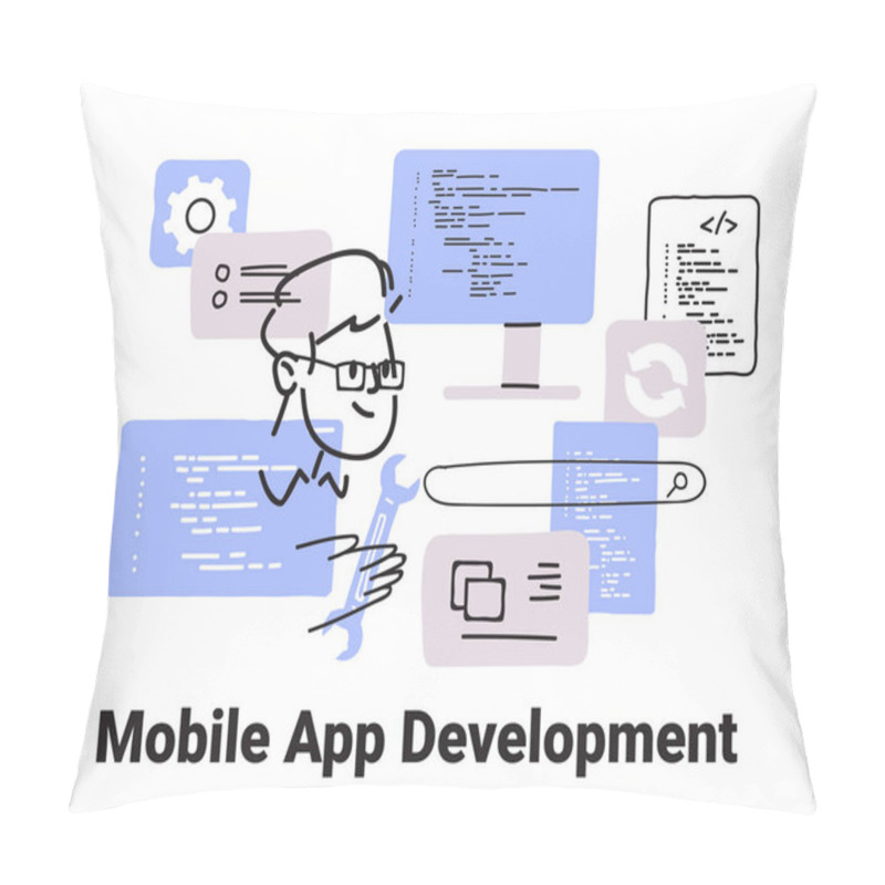 Personality  Mobile App Development Concept With Programmer Holding Wrench Surrounded By Screens And Code Elements In Minimalist Thin Line Style. Vector Illustration. Pillow Covers