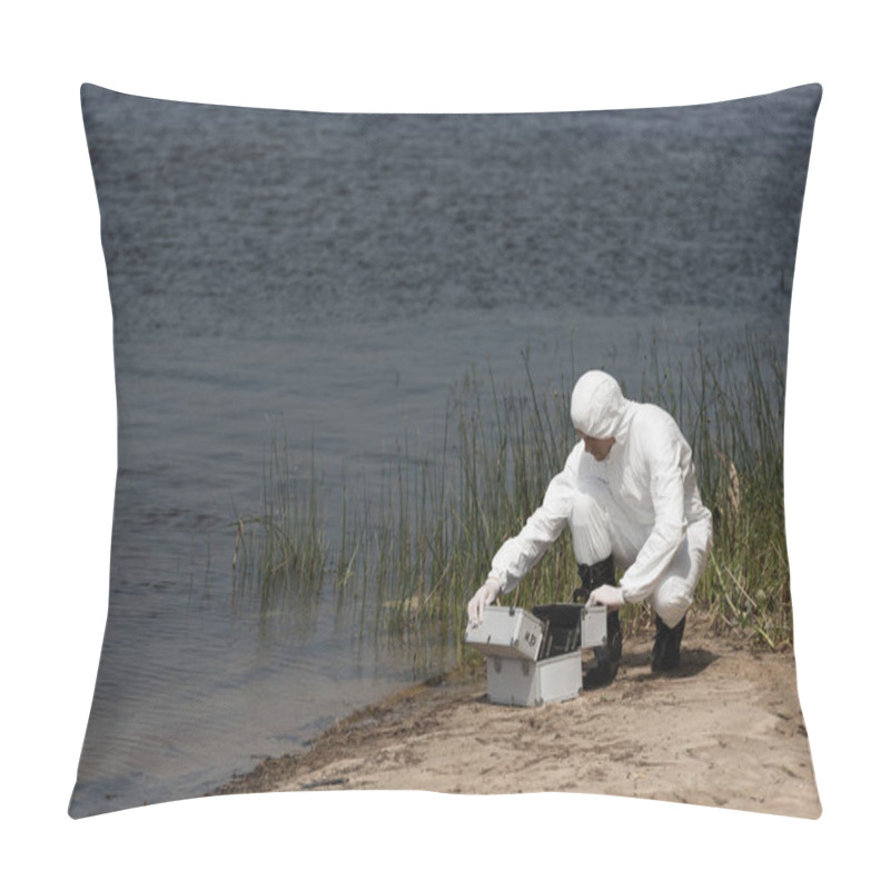 Personality  Water Inspector In Protective Costume With Inspection Kit Sitting On River Coast Pillow Covers