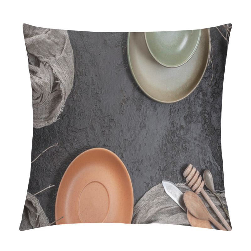 Personality  Plates And Fabric On A Dark Brown Textural Background. Background Image With Free Space For Text Or Design. Pillow Covers