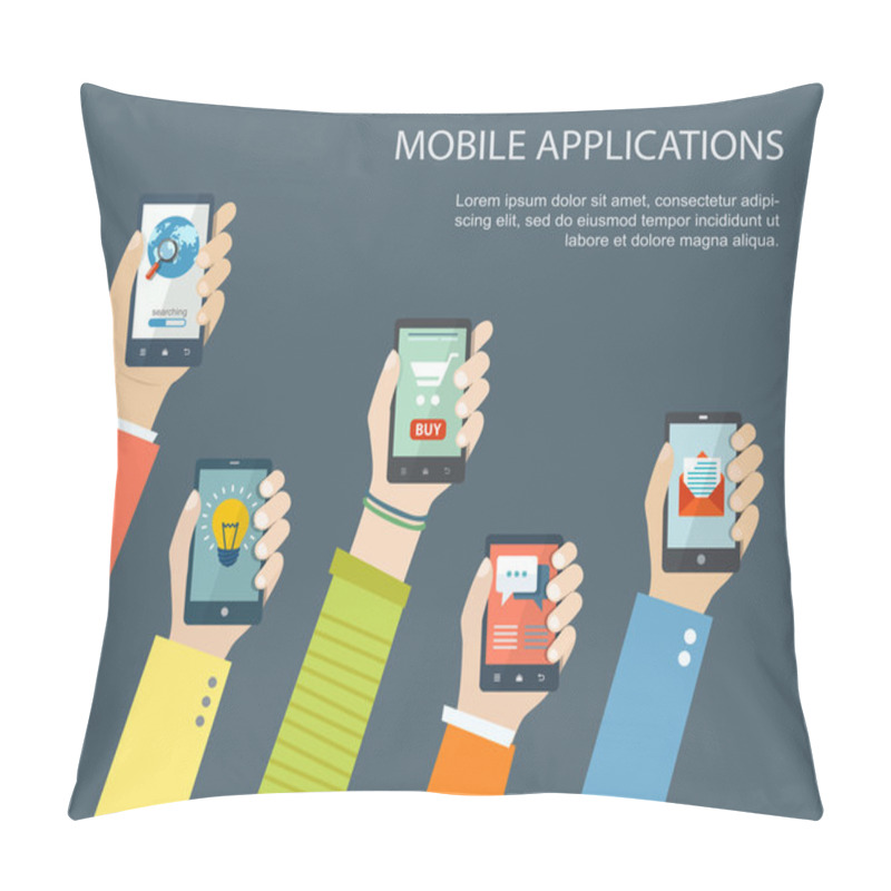 Personality  Mobile Application Concept. Hands Holding Phones. Pillow Covers