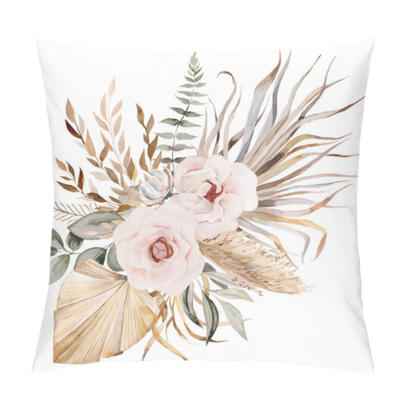 Personality  Watercolor Bohemian Bouquet With Tropical And Cotton Flowers, Dried Palm Leaves And Pampas Grass Illustration With Copy Space Isolated. Beige Arrangement For Wedding Design, Greetings Cards, Crafting Pillow Covers