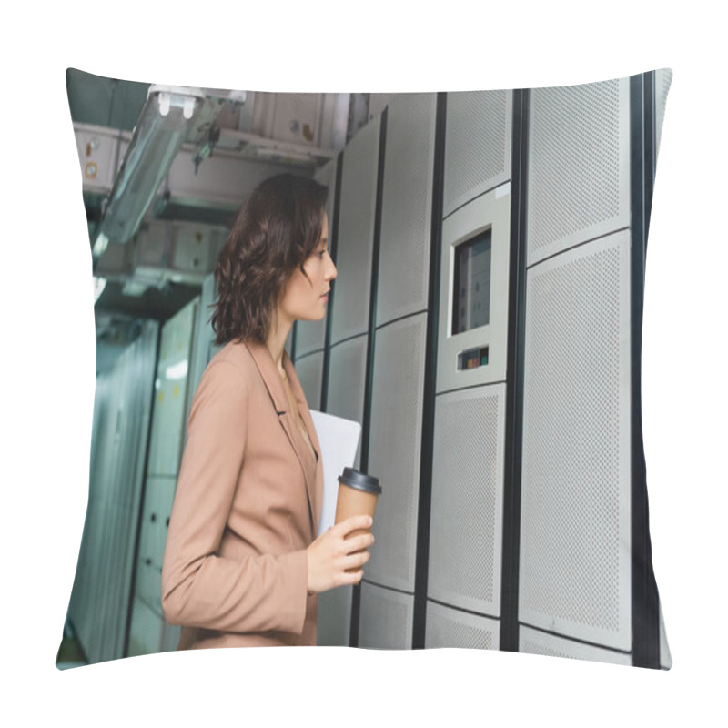 Personality  Side View Of Engineer With Digital Tablet And Coffee To Go Looking At Control Panel On Server Pillow Covers