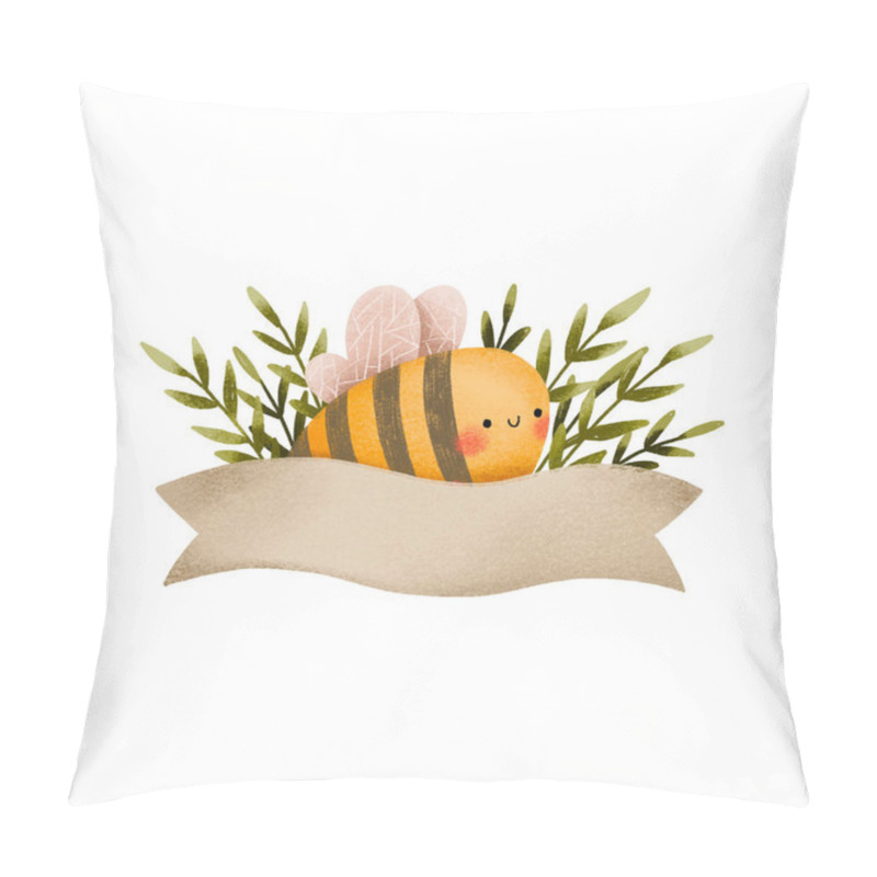 Personality  Easter Card With Cartoon Bee, Leaves And Ribbon. Hand Drawn Spring Illustration On Isolated Background Pillow Covers