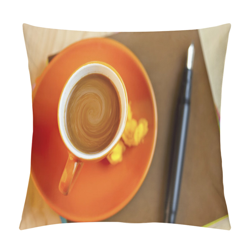 Personality  Orange Coffee Cup On Brown Writing Paper With Pen Pillow Covers