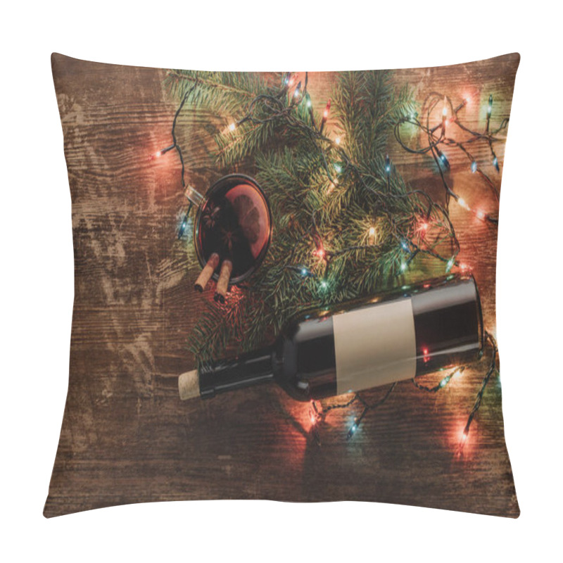 Personality  Top View Of Wine Bottle, Cup Of Mulled Wine And Garland On Wooden Tabletop, Christmas Concept Pillow Covers