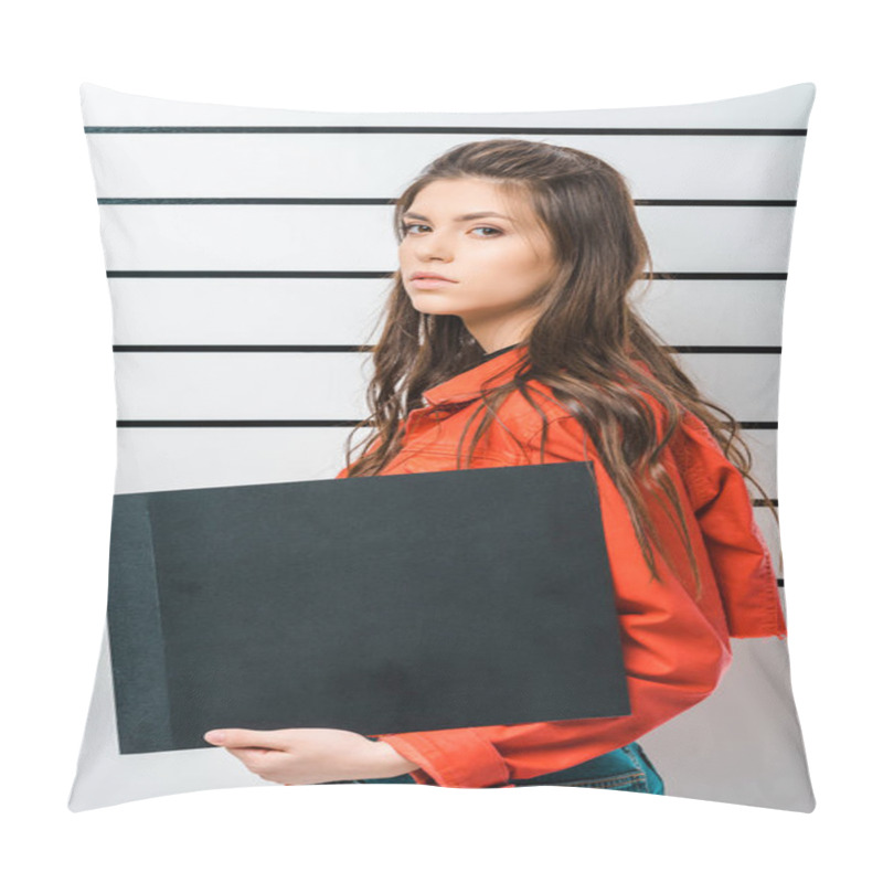 Personality  Arrested Young Woman Posing With Empty Prison Board In Front Of Police Line Up Pillow Covers