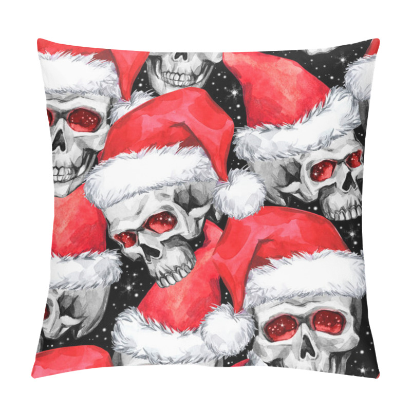 Personality  Watercolor Seamless Pattern With Sketchy Skulls In Santa Hat. Cretive New Year. Celebration Illustration. Can Be Use In Winter Holidays Design, Posters, Invitations. Pillow Covers