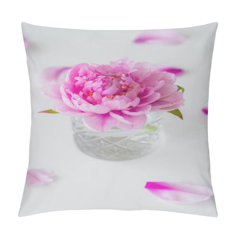 Personality  Close Up View Of Peony With Pink Petals In Faceted Glass On White And Blurred Background Pillow Covers