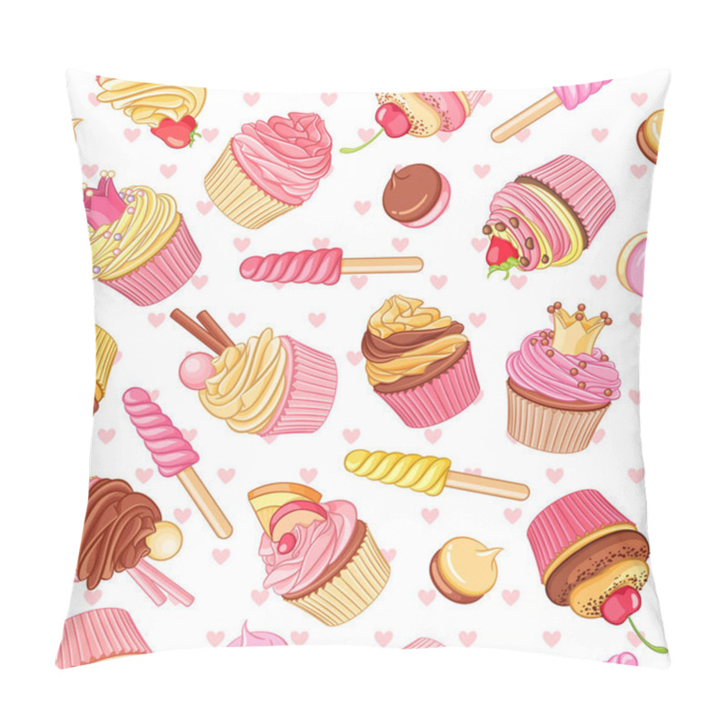 Personality  Cupcakes, Sweets And Pastries Seamless Vector Pattern With Pink Hearts Pillow Covers