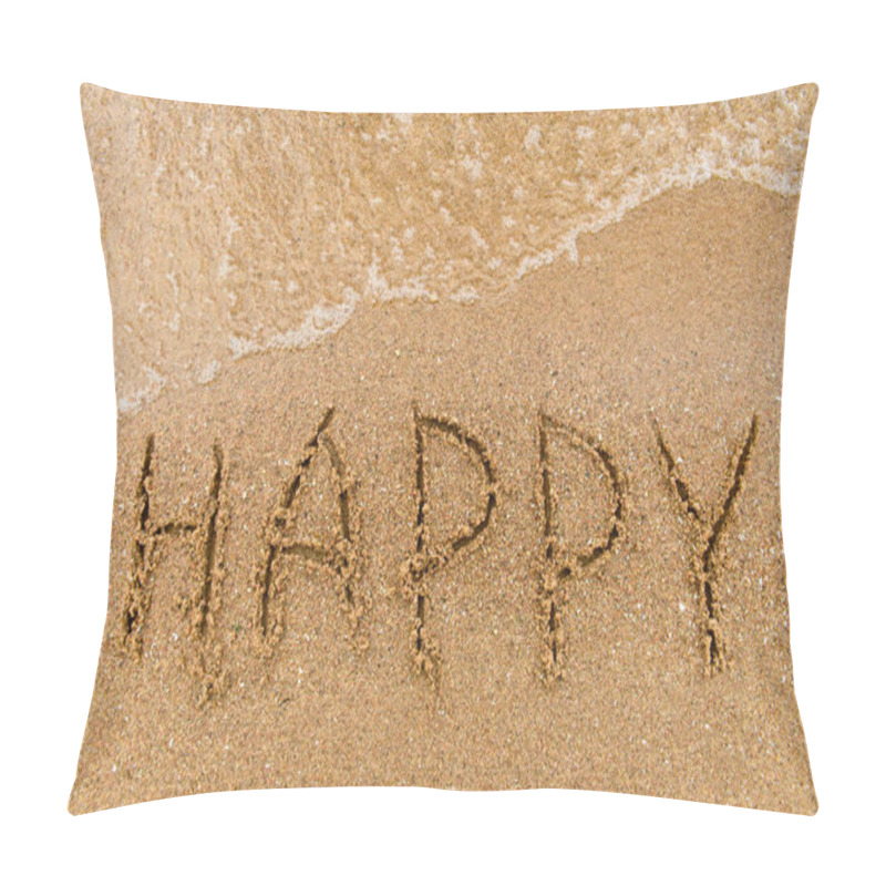 Personality  Word Happy Written In The Sand Pillow Covers