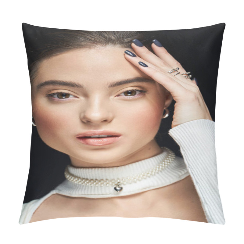 Personality  A Stunning Young Woman Highlights Her Beauty With Stylish Rings And A Necklace, Engaging The Viewer. Pillow Covers