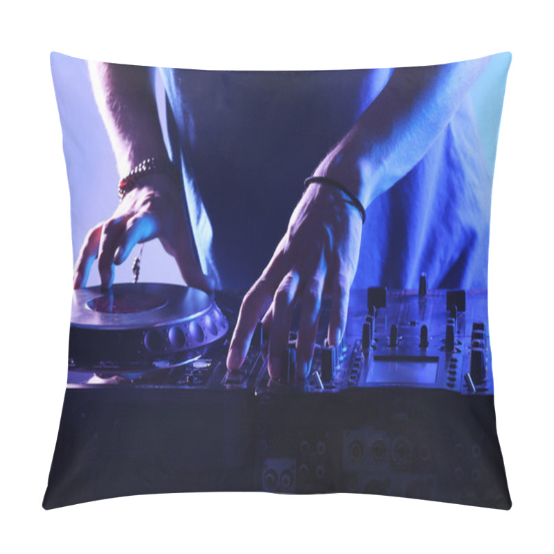 Personality  DJ Mixing Tracks On A Mixer In A Nightclub Pillow Covers